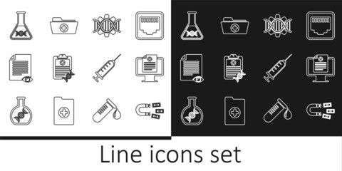Set line Magnet with money, Clinical record monitor, Genetic engineering, Clipboard DNA analysis, Paper page eye, research, search, Syringe and Health folder icon. Vector