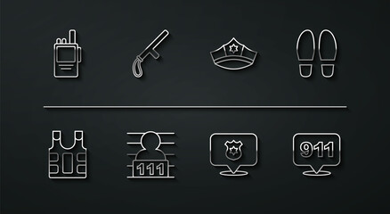 Set line Walkie talkie, Bulletproof vest, Footsteps, Police badge, Suspect criminal, rubber baton, Telephone call 911 and cap with cockade icon. Vector