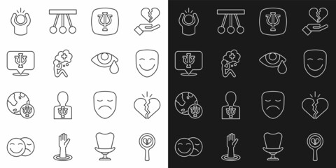 Set line Broken heart or divorce, Comedy theatrical mask, Psychology, Psi, Helping hand, Anger and Tear cry eye icon. Vector