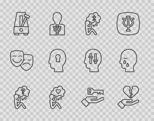 Set line Head with question mark, Broken heart or divorce, Man graves funeral sorrow, Metronome pendulum, Solution to the problem, and icon. Vector