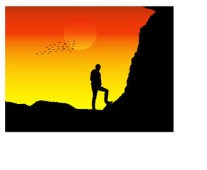 Silhouette of an adventurer on the sunset background