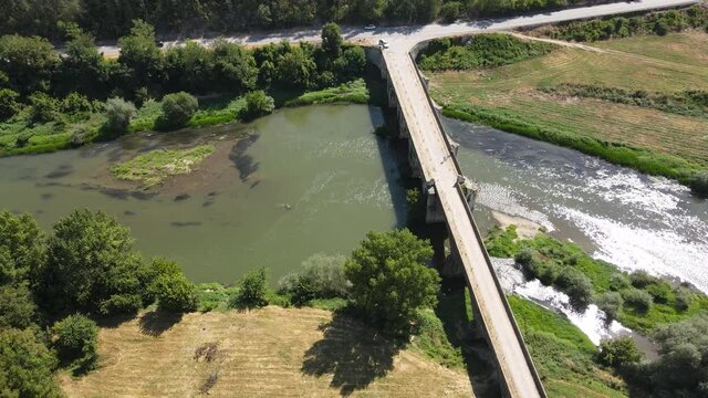 Aerial view of Nineteenth-century bridge over the Yantra River, known as the Kolyu Ficheto Bridge in Byala, Ruse region, Bulgaria