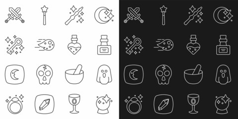 Set line Magic ball, Ghost, Bottle with potion, wand, Fireball, Old magic key, Crossed medieval sword and icon. Vector