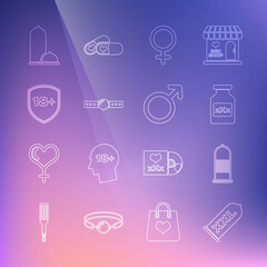 Set line Condom safe sex, Bottle with pills for potency, Female gender symbol, Silicone ball gag, Shield 18 plus, Condoms and Male icon. Vector
