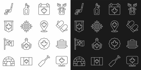 Set line Canadian maple leaf, Stack of pancakes, Christmas mitten, Canada day with, Snowflake, Pennant flag, Ice hockey stick and puck and icon. Vector