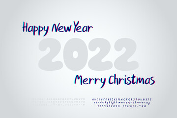 Decorative poster Happy New Year and Merry Christmas. Modern glitch style font on gray gradient background. Two vector fonts sets are included