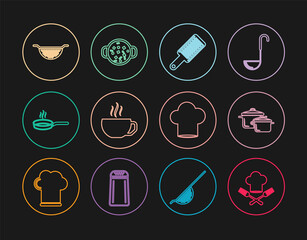Set line Chef hat and fork, Cooking pot, Grater, Coffee cup, Frying pan, Kitchen colander, and soup icon. Vector