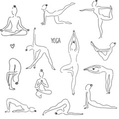 Black and white seamless pattern of yoga poses. Yoga abstract background with asanas, symbols and text