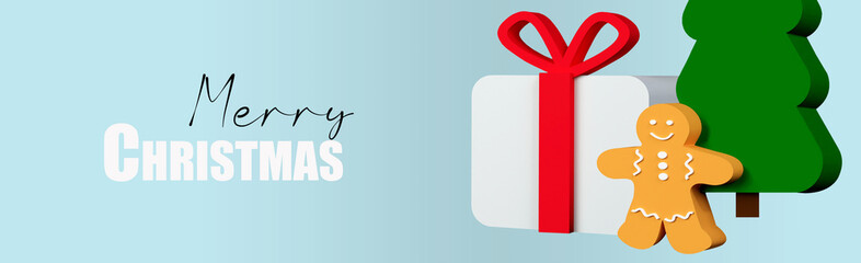 Christmas 3d render banner or greeting card with tree, cookies, gift box on blue blackground