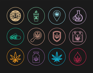 Set line Marijuana or cannabis leaf oil, Calendar and marijuana, Location, Magnifying glass, Medical pills with, Legalize, Shield and Cup coffee icon. Vector