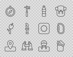 Set line Location for camping, Lighter, Bottle of water, Binoculars, Compass, Knife, Barbecue grill and Carabiner icon. Vector