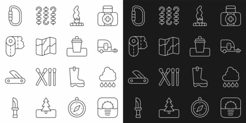 Set line Sunrise, Cloud with rain, Rv Camping trailer, Campfire, and hiking on map, Paper towel roll, Carabiner and Trash can icon. Vector