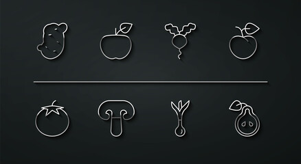 Set line Potato, Tomato, Peach fruit or nectarine, Onion, Mushroom, Apple, Pear and Radish icon. Vector