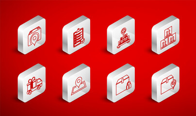 Set line Location with cardboard box, Verification of delivery list, Scale, Cardboard traffic, Locked package, Placeholder map and Delivery truck gift icon. Vector