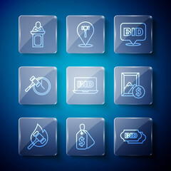 Set line Auction hammer, Price tag with Sale, Bid, Online auction, auctioneer sells and painting icon. Vector