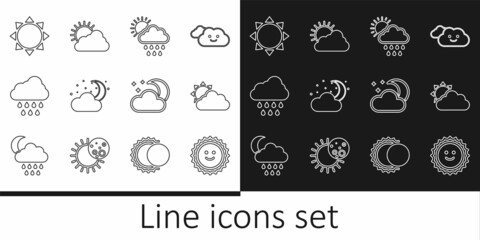 Set line Sun, and cloud weather, Cloud with rain sun, moon stars, and icon. Vector