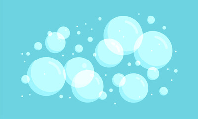 Soap bubbles isolated on blue background. Suds and foam flat vector illustration