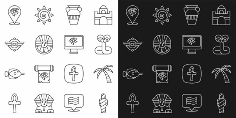 Set line Egypt mummy, Tropical palm tree, Snake, Egyptian vase, pharaoh, symbol Winged sun, Eye of Horus and on monitor icon. Vector