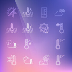 Set line Meteorology thermometer, Water, Sun and snowflake and UV protection icon. Vector