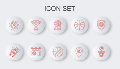 Set line Basketball ball and basket, game ticket, award, Location with basketball, Planning strategy concept, Award cup, Sports shop and icon. Vector