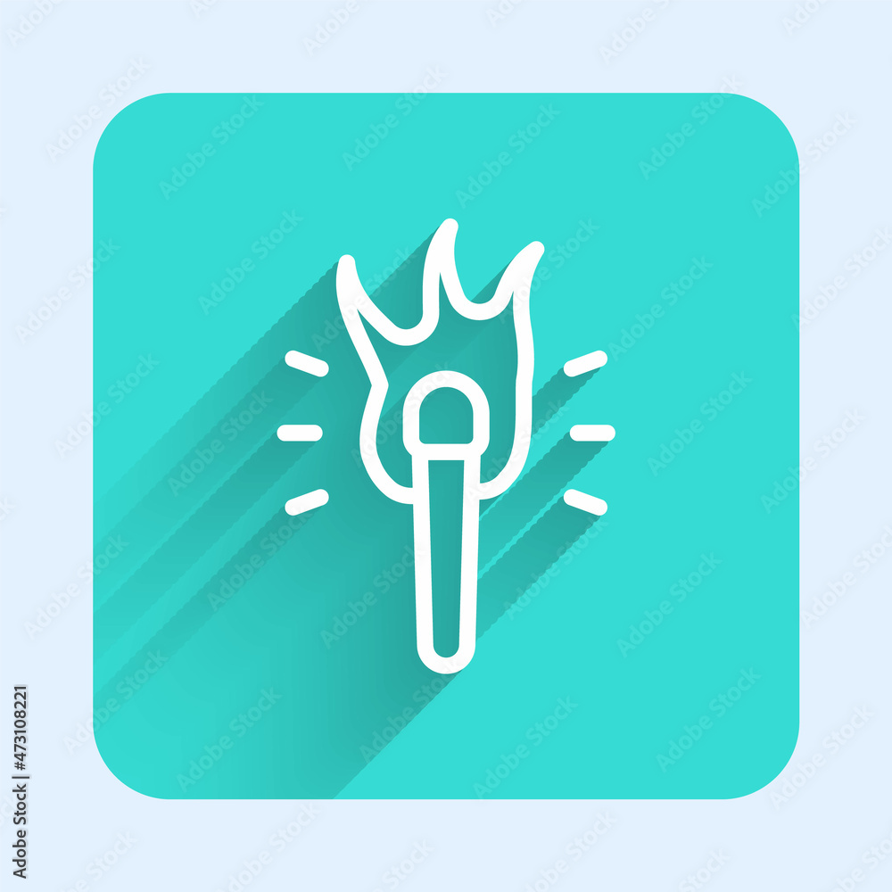 Poster white line torch flame icon isolated with long shadow background. symbol fire hot, flame power, flam
