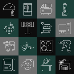 Set line Air compressor, Electric hot glue gun, Computer monitor, heater, circular saw, mixer and construction stapler icon. Vector