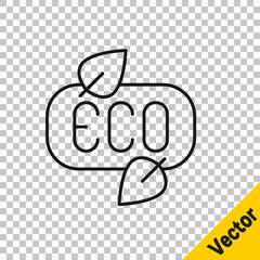 Black line Leaf Eco symbol icon isolated on transparent background. Banner, label, tag, logo, sticker for eco green. Vector