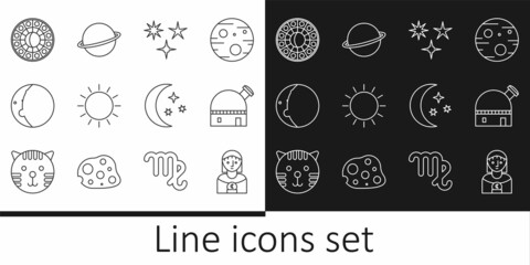 Set line Astrology woman, Astronomical observatory, Falling star, Sun, Eclipse of the sun, horoscope circle, Moon and stars and Planet Saturn icon. Vector