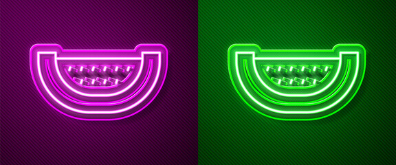Glowing neon line Watermelon icon isolated on purple and green background. Vector