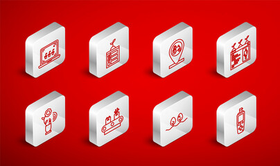 Set line Portable sensor, Smart farming technology, Tractor and location, Plant, Conveyor belt with box and icon. Vector