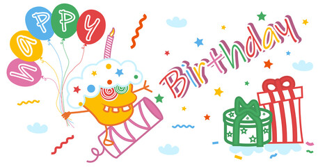 HAPPY BIRTHDAY. Postcard with a funny cupcake with a firecracker, gifts, balloons with stars, kanfeti, sky, clouds and the inscription Happy Birthday on a white background. Vector illustration.