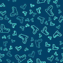 Green line Ancient viking boots icon isolated seamless pattern on blue background. Traditional clothes and accessories of past times. Vector