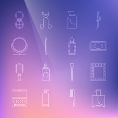 Set line Perfume, Makeup mirror with lights, Bar of soap, Cream cosmetic tube, Cotton swab for ears, Round makeup, powder and Nail polish bottle icon. Vector