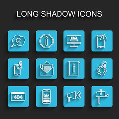 Set line Page with a 404 error, Mobile Question and Exclamation, Speech bubble angry smile, Megaphone, Open mail box, Envelope, Wrench screwdriver in gear and User manual icon. Vector