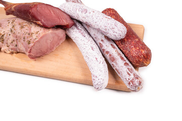 Various of meat, smoked meat, sausage, salami isolated on a white.