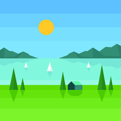 Vector illustration in simple minimal geometric flat style - horizon view of ocean, yachts, building, mountains, sky, hills and trees.