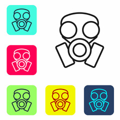 Black line Gas mask icon isolated on white background. Respirator sign. Set icons in color square buttons. Vector