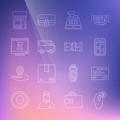 Set line Hand holding coin money, Online shopping phone, Cash register machine, Delivery cargo truck vehicle, Shopping cart computer, building or market store and Crumpled paper cash icon. Vector
