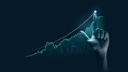 Businessman hand pointing finger to growth success finance business chart of metaverse technology financial graph investment diagram on analysis stock market background with digital economy exchange. - obrazy, fototapety, plakaty