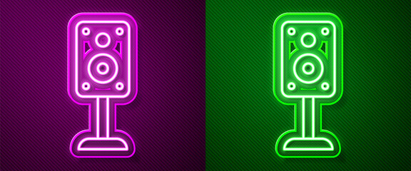 Glowing neon line Stereo speaker icon isolated on purple and green background. Sound system speakers. Music icon. Musical column speaker bass equipment. Vector