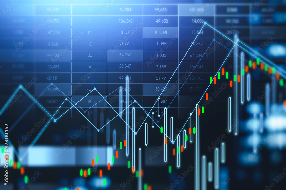Poster graph stock market lines and candlesticks, chart with numbers