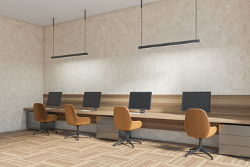 Beige business room interior with seats, table with pc in row