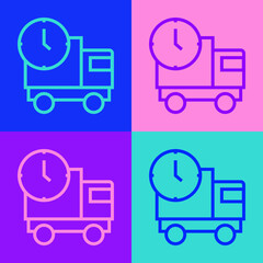 Pop art line Logistics delivery truck and time icon isolated on color background. Delivery time icon. Vector