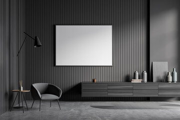 Dark guest room interior with armchair and drawer, mockup poster