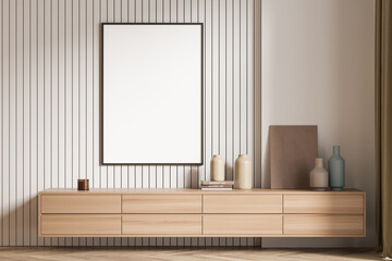 Light exhibition room interior with drawer and decoration, mockup poster