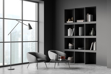 Minimalist relaxing room interior with two armchairs and shelf near window