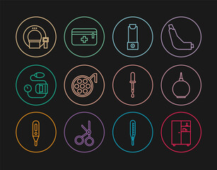 Set line Medicine cabinet, Enema, Inhaler, Surgery lamp, Blood pressure, Tomography, Pipette and First aid kit icon. Vector
