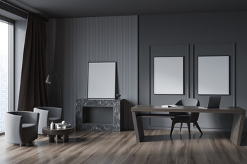 Three artworks in modern minimalist grey office with guest seating area