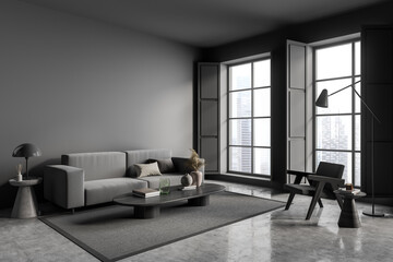 Dark living room interior with sofa and armchair on concrete floor, mockup