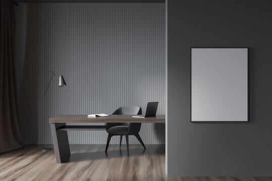 Grey office with mock up frame on wall